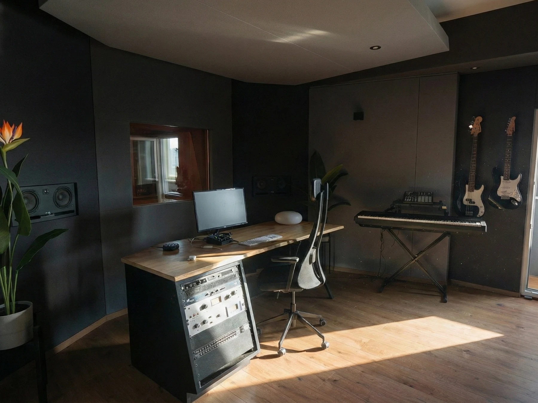 Regieraum der twofoursix Studios in Köln mit Schreibtisch, Monitoren und Keyboard