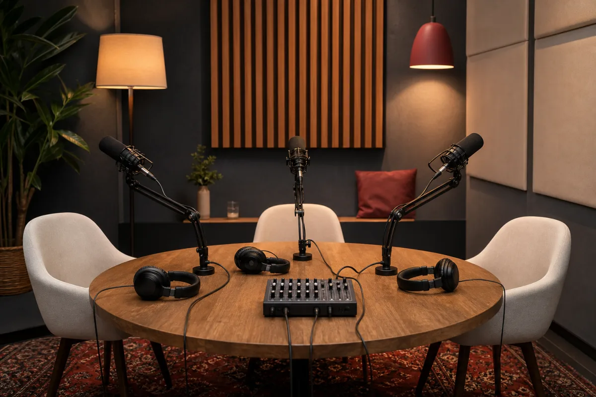 Komplettes Podcast-Setup mit drei Mikrofonplätzen und Kopfhörern
