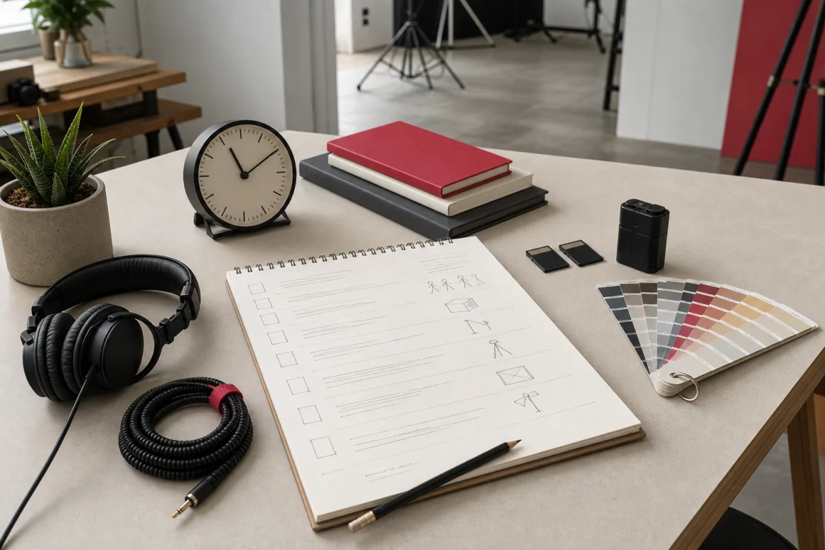 Geordnete Studio-Checkliste mit Kopfhörern, Kabeln und Speicherkarten