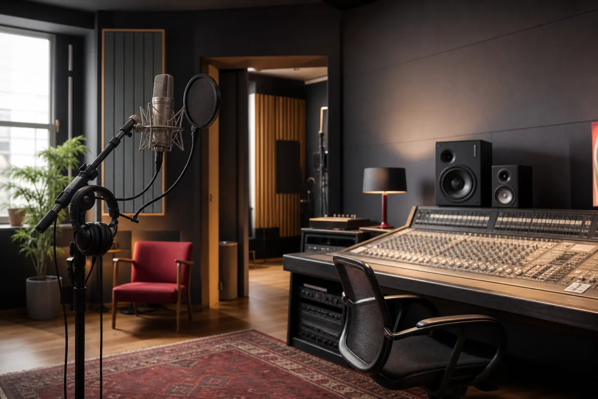 Aufnahmebereites Tonstudio mit Mikrofon, Kopfhörern und Mischpult