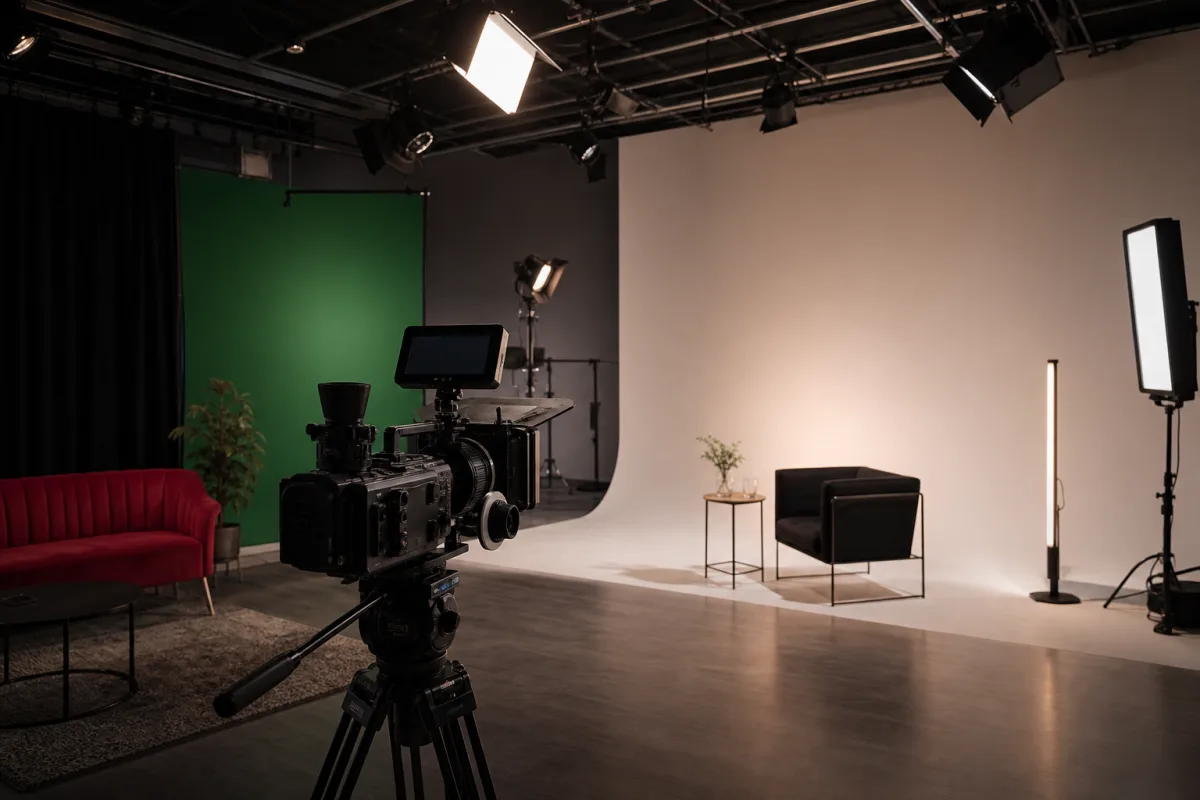 Videostudio mit Kinokamera, Greenscreen und LED-Licht